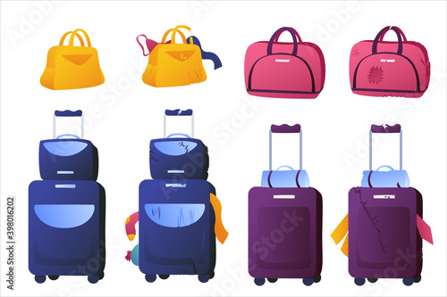 Set of illustrations of luggage bags on a white background. Broken bags, frayed luggage, careless handling of bags. Clothes sticking out of bags with wheels.
