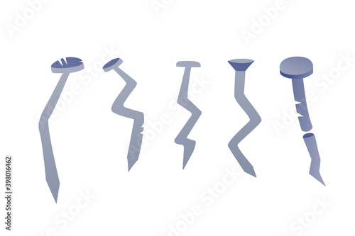 Set of broken iron nails on a white background. Curved nail shape, old tools.