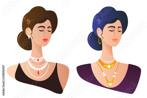 Set of illustrations of girls with charming necklaces and earrings on a white background. Indian beautiful woman, image for jewelry brochures and flyers.