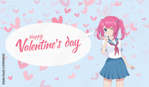 Anime manga schoolgirl in a sailor suit send air kisses. Vector illustration. Valentine's day card
