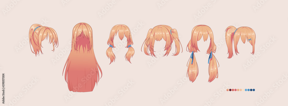 Naklejka premium Anime manga hairstyles. Isolated redhead hair set.