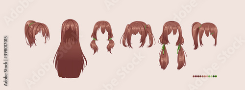 Anime manga hairstyles. Isolated brunette hair set.