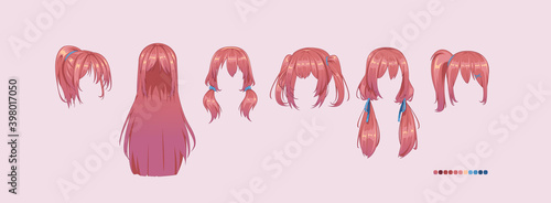 Anime manga hairstyles. Isolated pink hair set.