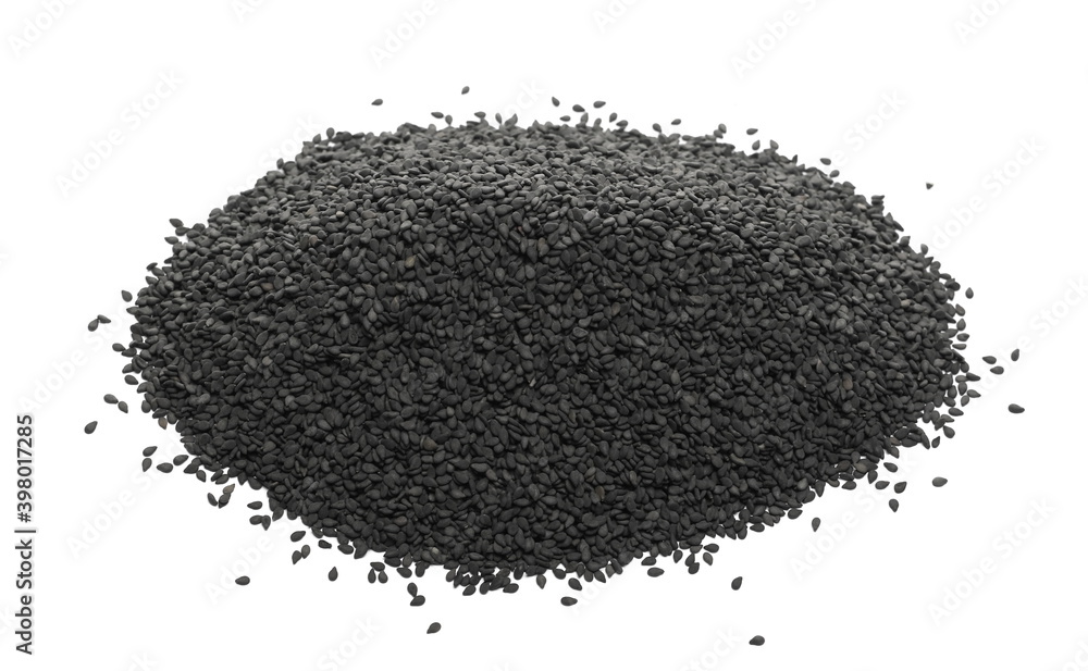 Black sesame seeds pile isolated on white background Black sesame seeds pile isolated on white background