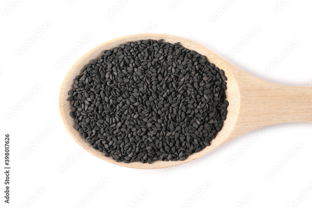 Black sesame seeds in wooden spoon isolated on white background, top view Black sesame seeds in wooden spoon isolated on white background, top view