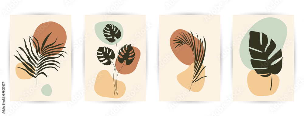 Modern abstract art backgrounds set with botanical leaves and abstract geometric shapes. Botanical wall art vector set. Art design for print, cover, wallpaper. Vector illustration