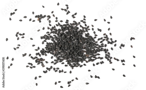 Black sesame seeds isolated on white background, top view
