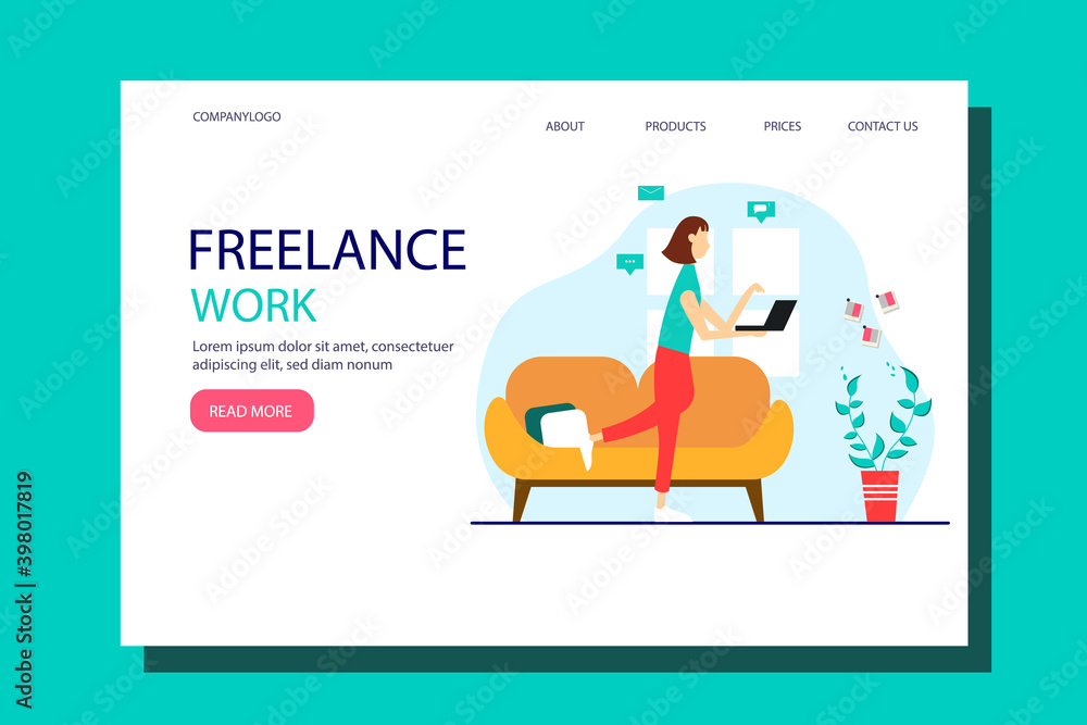 Freelancer working with laptop from home. Web page design template. Vector illustration in a flat style. Freelancer working with laptop from home. Web page design template. Vector illustration in a flat style.