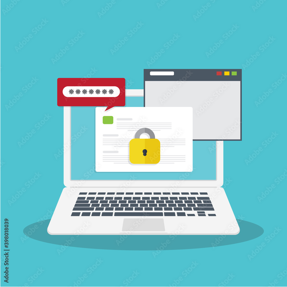 Locked access to document. Secure confidential document on a laptop, padlock on document, online access with private lock, illustration.
Locked access to document. Secure confidential document on a laptop, padlock on document, online access with private lock, illustration.