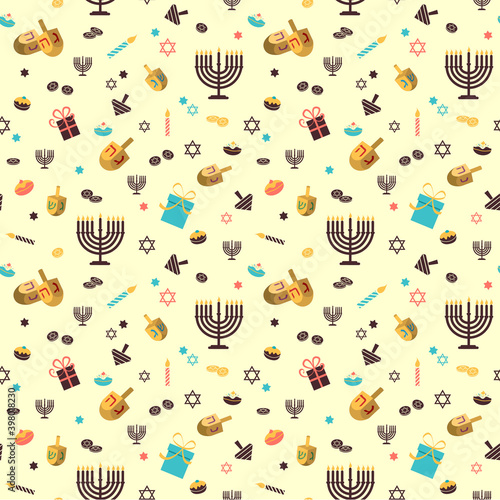 Hanukkah seamless pattern with menorah, dreidels, candles, gifts, coins, stars of David. Jewish festive holiday texture, background. Cute vector design for wallpapers, wrap paper, textile print.
