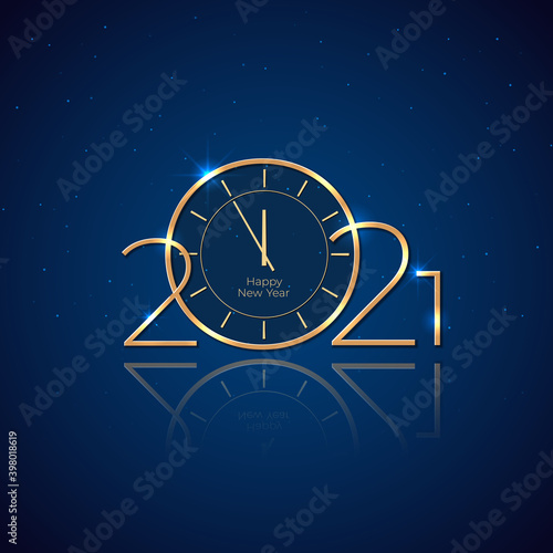 New Year 2021. Holiday card with golden clock. Shiny golden 2021 on blue background. New Year design for invitation, calendar, greeting card. Golden logo. Party event decoration. Vector illustration