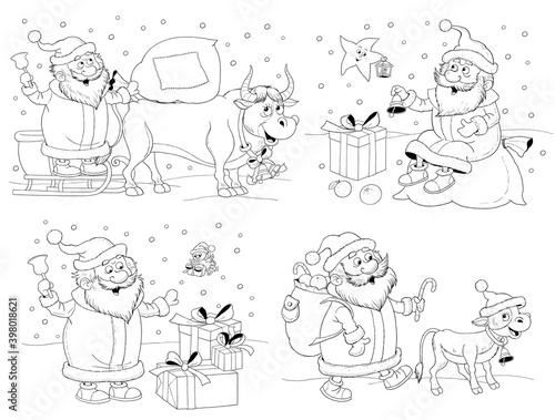 New Year, Christmas, winter. Cute Santa and Ox. Coloring page. Illustration for children. Cute and funny cartoon characters