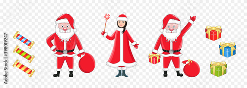 Set of isolated vector illustrations of Santa Claus, snow maiden, gifts and candy. The new year holiday.