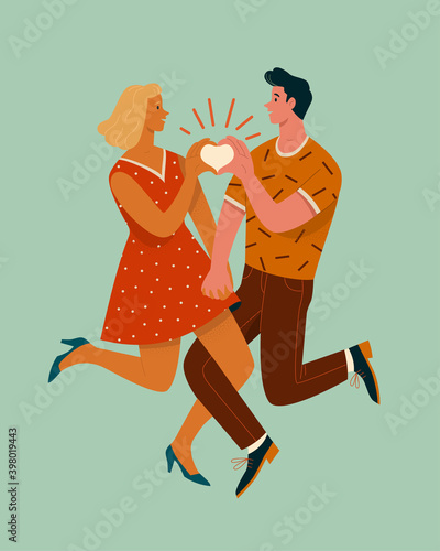 Couple in love concept. Vector illustration of young brunette man and blond woman in red dress holding hands in trendy flat style. Isolated on light blue background