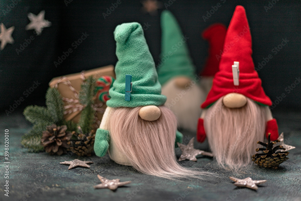 Snow gnomes or elves. Christmas toy. Selective focus