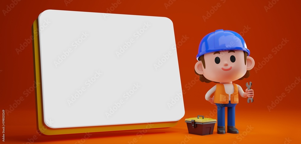 3D rendering illustration concept of cute worker character wearing hard hat and holding a wrench standing near the blank message board