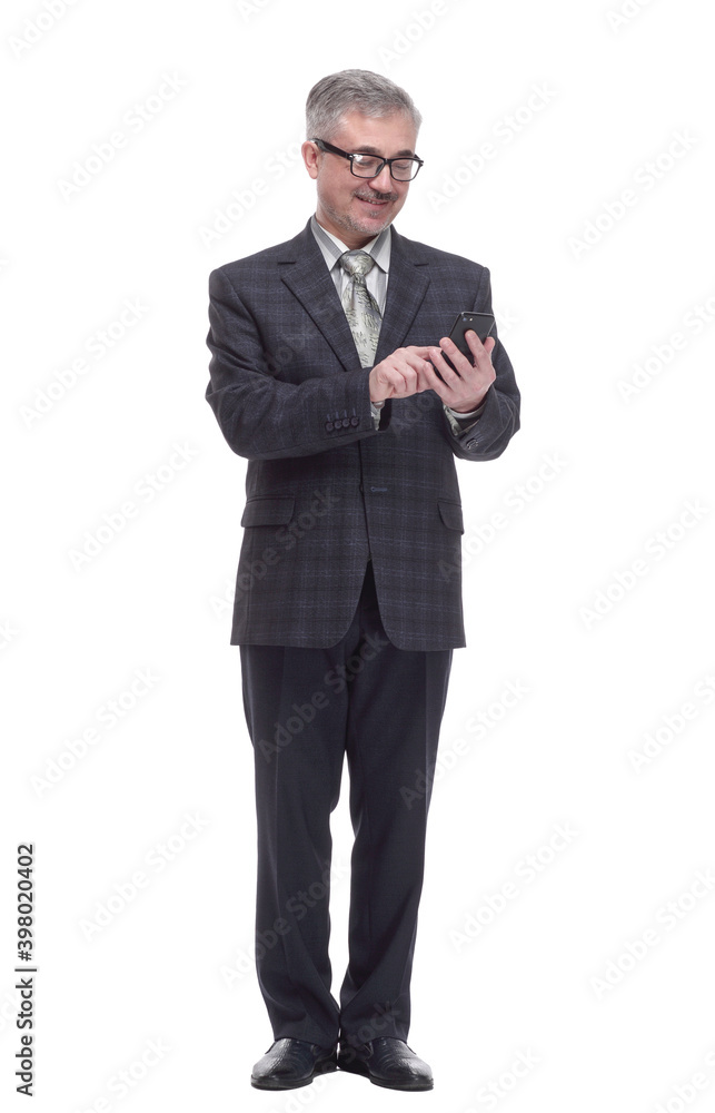 smiling elderly man with a smartphone . isolated on a white smiling elderly man with a smartphone . isolated on a white