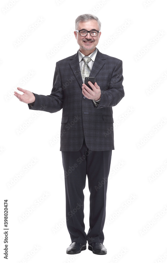 smiling elderly man with a smartphone . isolated on a white smiling elderly man with a smartphone . isolated on a white