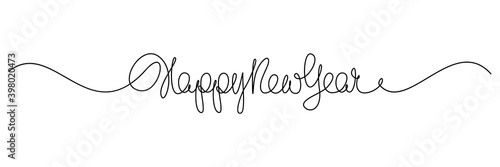 Happy New Year handwritten lettering. Continuous line drawing text design. Vector illustration