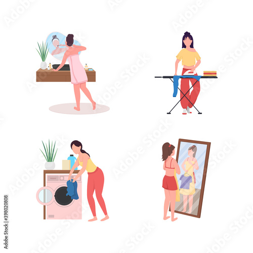 Daily home routine flat color vector faceless character set