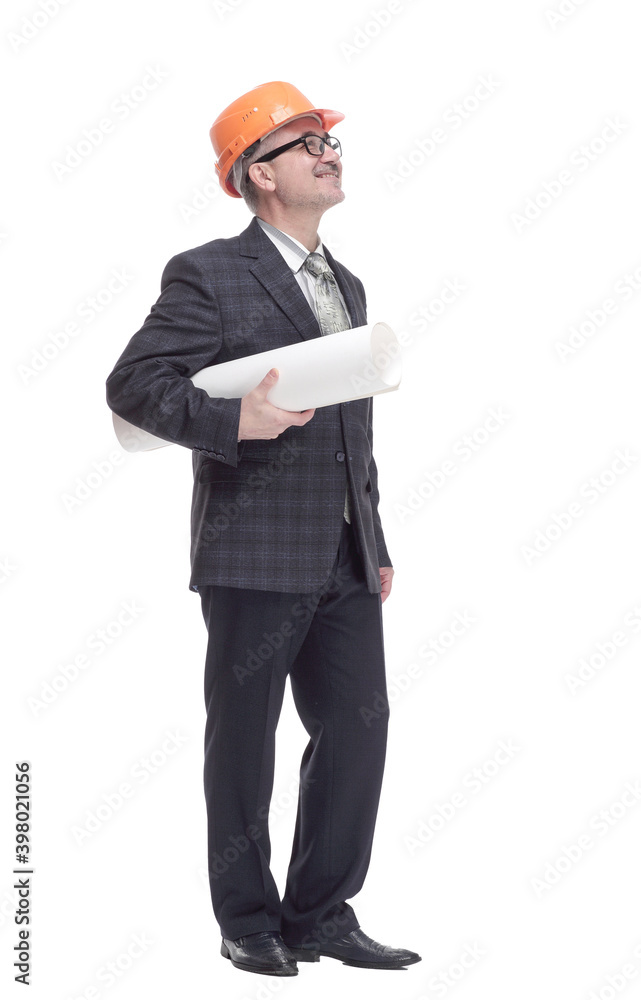 smiling architect with a roll of drawings. isolated on a white smiling architect with a roll of drawings. isolated on a white