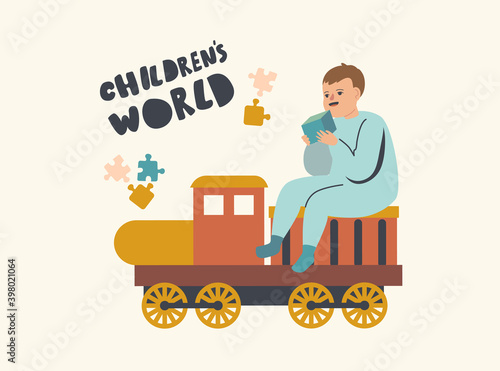 Newborn Baby Little Boy Sitting on Toy Train with Cube Isolated on White Background. Cute Child Male Character Toddler