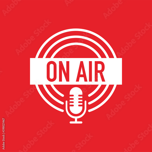 Podcast On Air white icon on red background. Vector illustration.