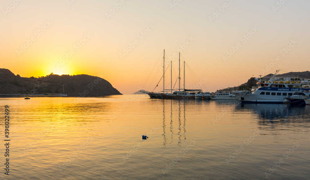 Skala Village harbour sunrise view in Patmos Island. Patmos Island is populer tourist destination in Greece.