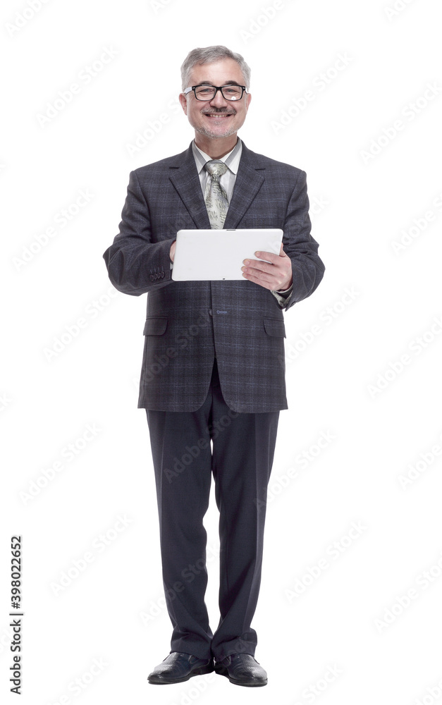 smiling man using a digital tablet. isolated on a white smiling man using a digital tablet. isolated on a white