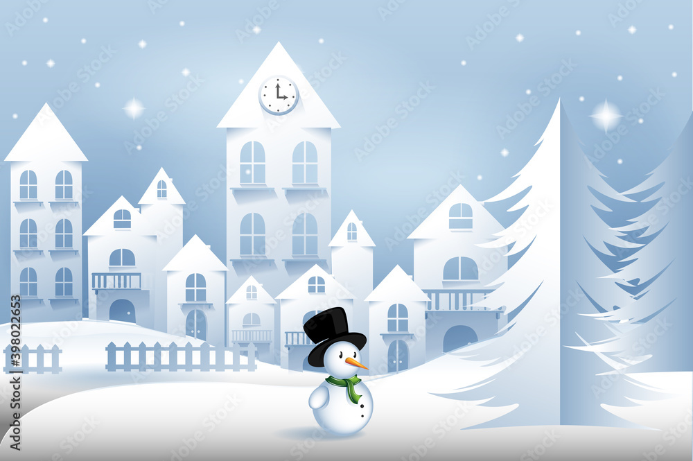 Fototapeta premium Winter landscape, christmas background. Paper cut winter scene for christmas card, banner, flyer and wallpaper. Woodland landscape craft useful for postcard, greeting card and cover. Snowman vector