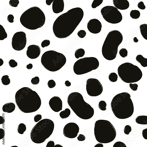 Animal skin seamless pattern, dalmatian vector background, black chaotic spots, with brush texture