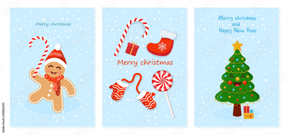 Set of Christmas and New Year cards with a gingerbread man, a tree, mittens, socks and candies. Vector illustration for a Christmas card. Text can be added and replaced.