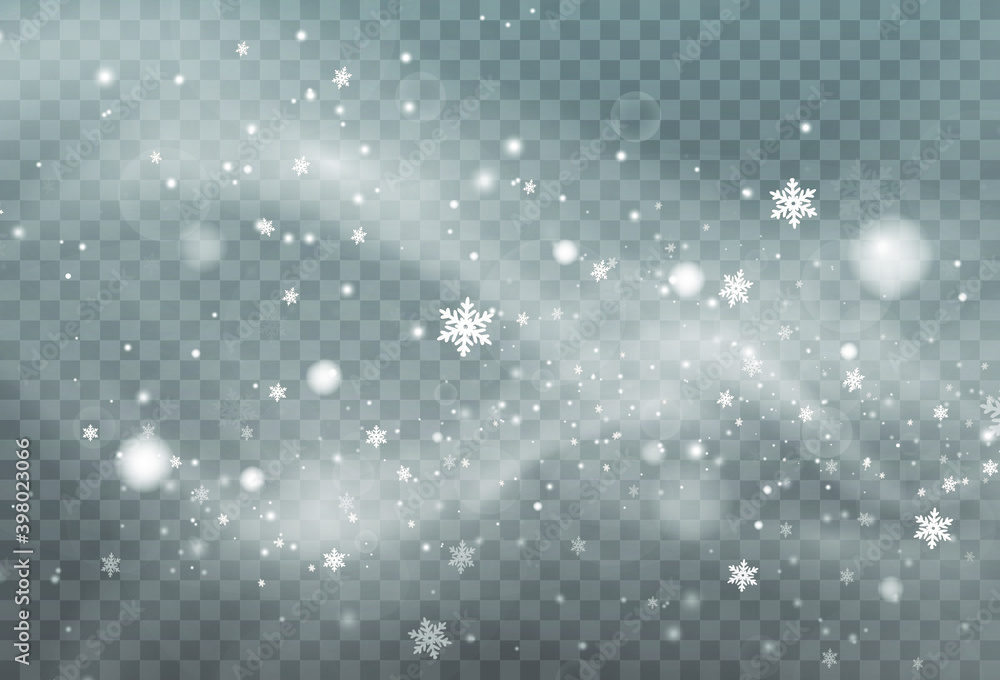 Christmas background made of falling snow blown by a strong winter wind. Isolated on transparent background. White png dust light. - obrazy, fototapety, plakaty 