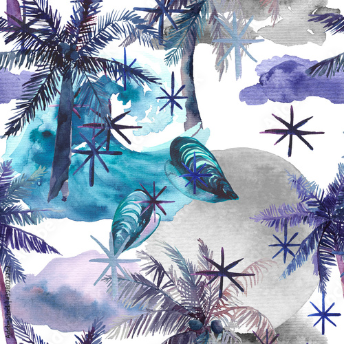 Watercolor seamless pattern with palmes, waves, stars, seashells. Night beach art