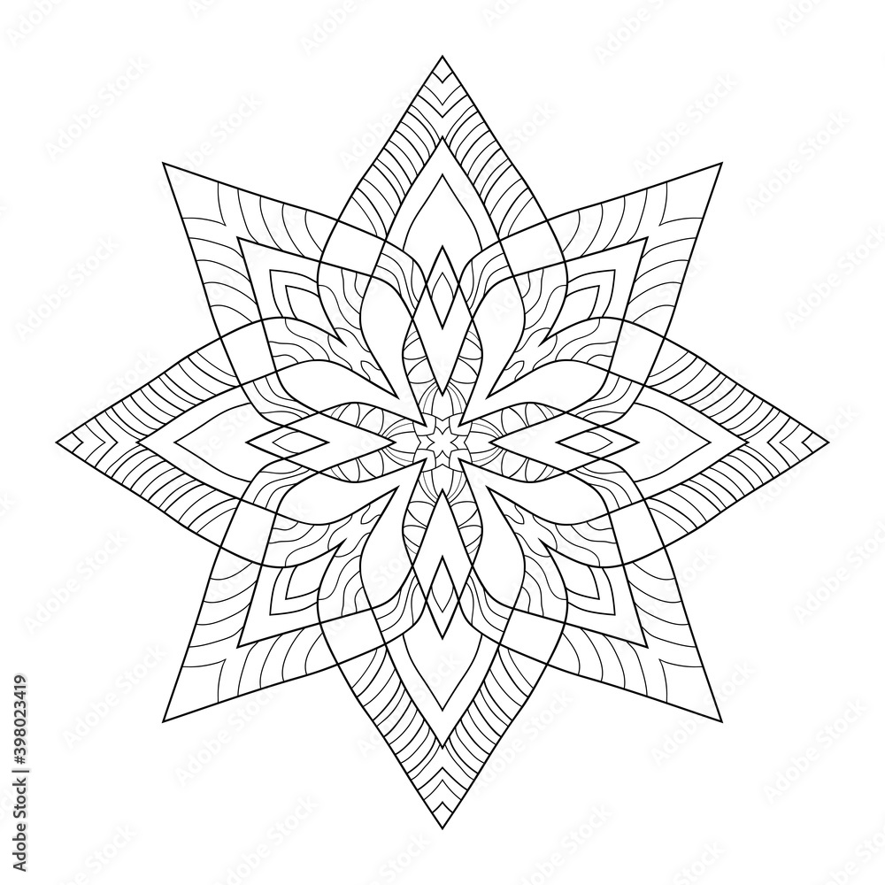 Decorative mandala with striped patterns on white isolated background. For coloring book pages.