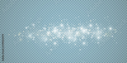 White png dust light. Abstract winter background from snowflakes blown by the wind on a white transparent background.