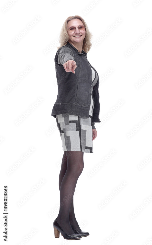 smiling young woman pointing at you. isolated on a white smiling young woman pointing at you. isolated on a white