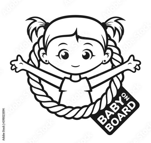 Vector black symbol. Circle with the inscription: Baby on board. Picture of a little girl with ponytails. Isolated on white background.