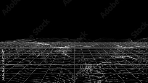 Particles landscape. White dots, perspective grid tech framework. Digital banner, sound waves or wavy surface vector background. Grid pattern geometric wireframe, textured futuristic illustration