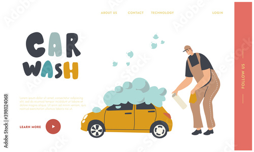 Car Wash Service on Auto Station Landing Page Template. Worker Character in Uniform Wiping Out Automobile with Sponge