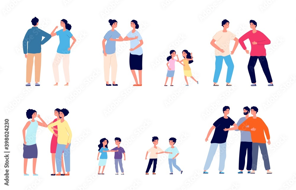 Greeting bumping elbows. Physical social distance, friends non touch contacts. Protection lifestyle contactless handshake utter vector set. Coronavirus rule, elbow bump handshake illustration