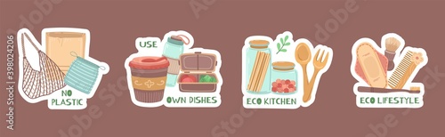 Zero waste stickers. Glass jar, eco kitchen elements. Paper fabric shopping bags and reusable coffee cup vector set. Illustration bio and eco, save nature collection label