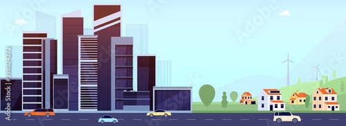 Downtown and suburb. Flat city, office buildings or village. Smart urban cityscape on road, diverse real estate utter vector landscape. Illustration building downtown infrastructure and cozy village