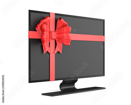 tv with bow on white backgr...