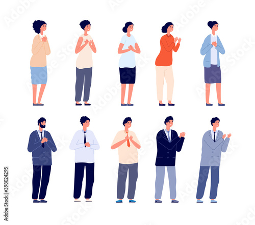 People clapping. Thankful business man, smiling women clap and support. Isolated office team applauding vector set. Clapping and applauding successful, office communication and support illustration