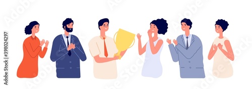 Employee congratulation. Emotional greeting  executive woman get reward from colleagues. Flat successful business team utter vector concept. Illustration congratulation employee from team