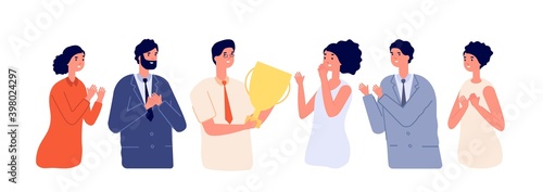Employee congratulation. Emotional greeting, executive woman get reward from colleagues. Flat successful business team utter vector concept. Illustration congratulation employee from team