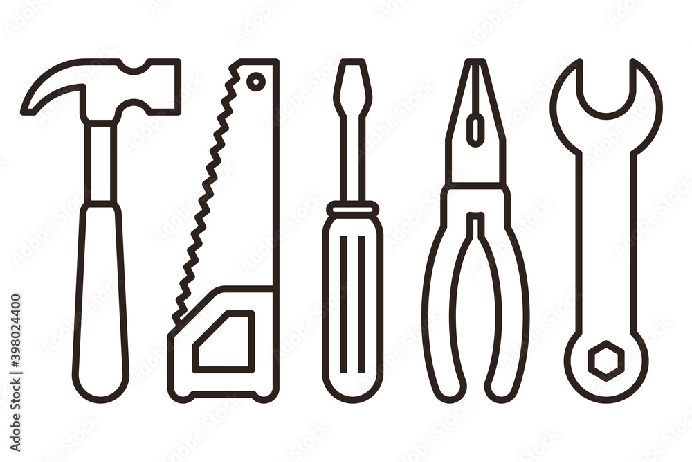Hammer, saw, screwdriver, pliers and wrench. Tools icon Hammer, saw, screwdriver, pliers and wrench. Tools icon