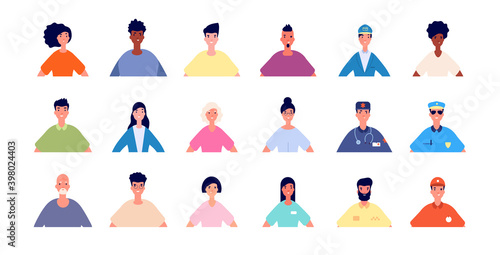 Face users picture. Profile people avatars, young senior persons. Isolated male female professionals portraits utter vector set. Social network avatar, worker model guy, profile business illustration