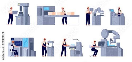Factory workers. Industrial engineer, industry professionals. Innovation production, flat work electronics process utter vector set. Manufacturing industry, production engineering process illustration
